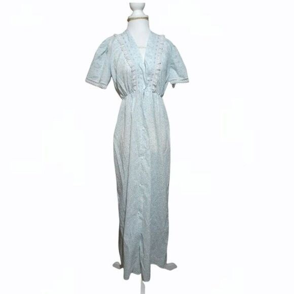 VTG Ballet New York Blue Floral Lace Cottage core Pajama Dress Button Down M - Picture 3 of 10